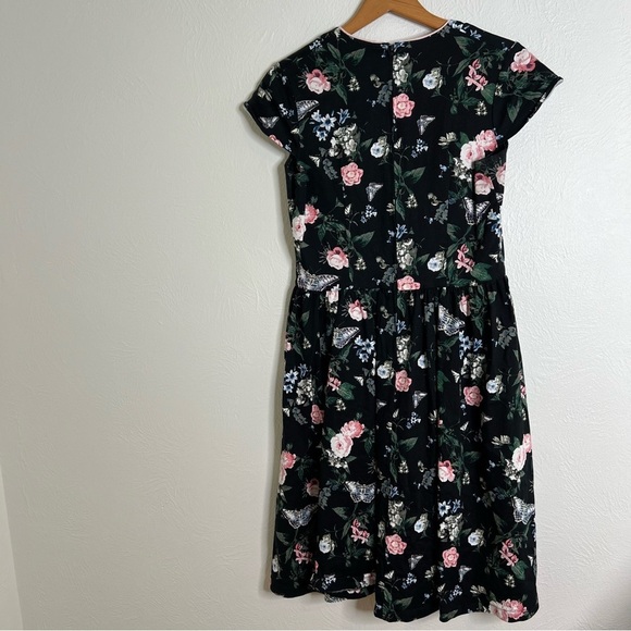 Lindy Bop Pin-Up Style Dress Black Pink Floral Cap Sleeve Surplice Neck Size L - Picture 10 of 11